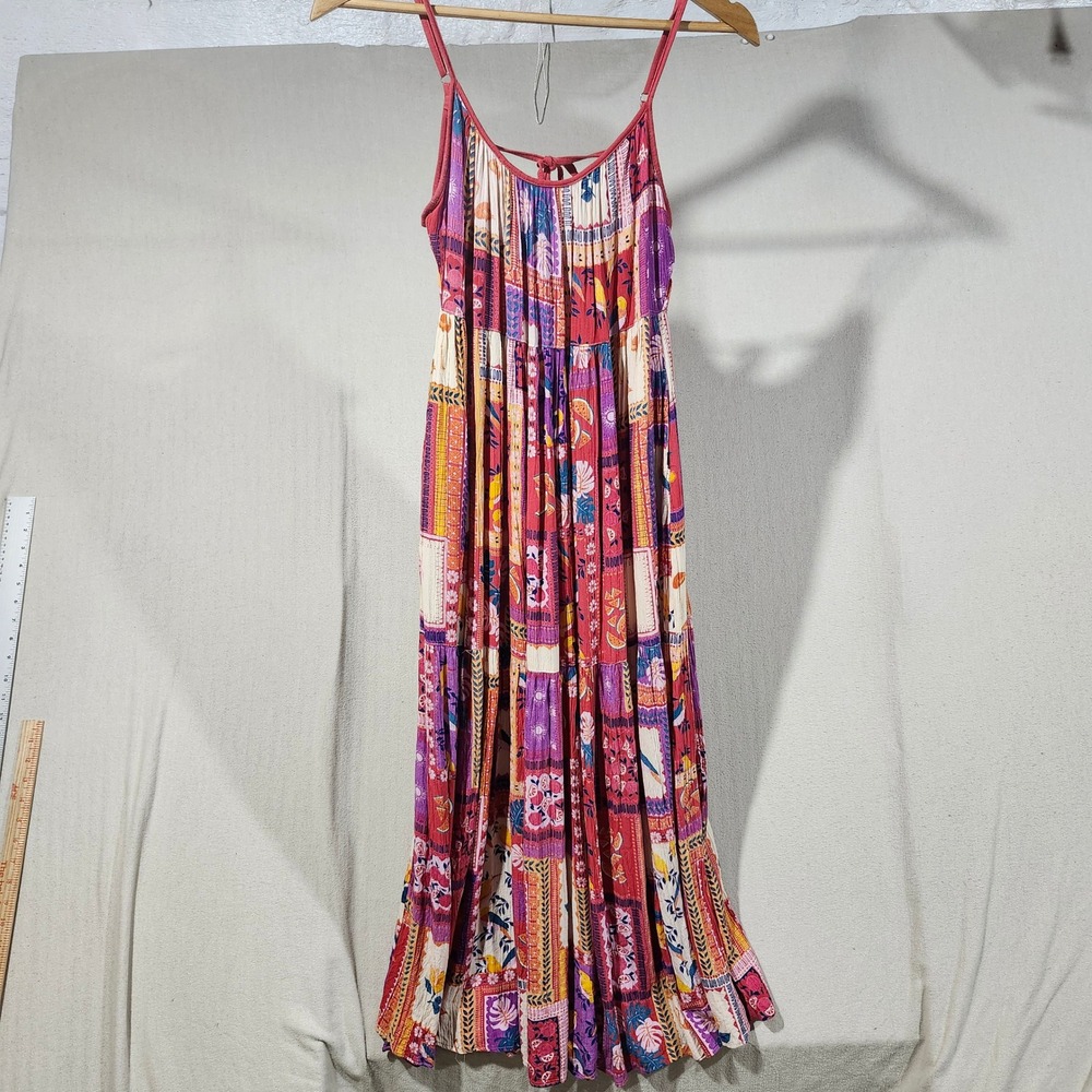 Angie Womens Medium Patchwork Tropical Bird Print Tiered Rayon Maxi Dress Pocket